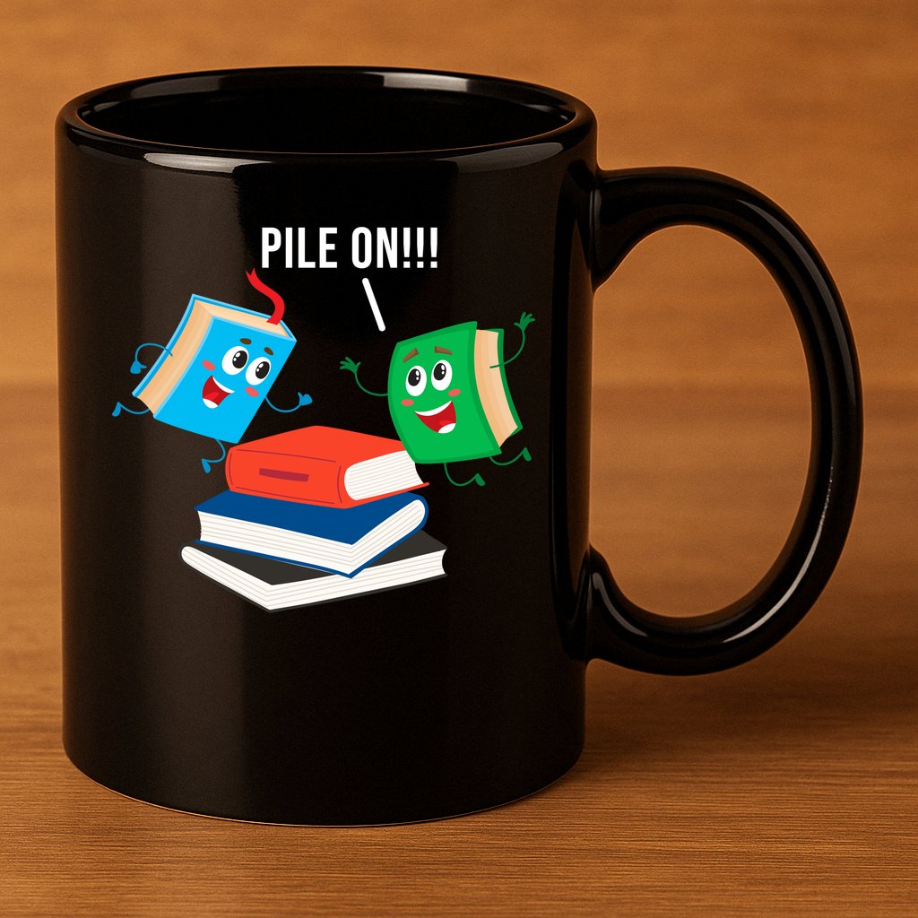 Pile On Books 11oz C Handle Ceramic Mug