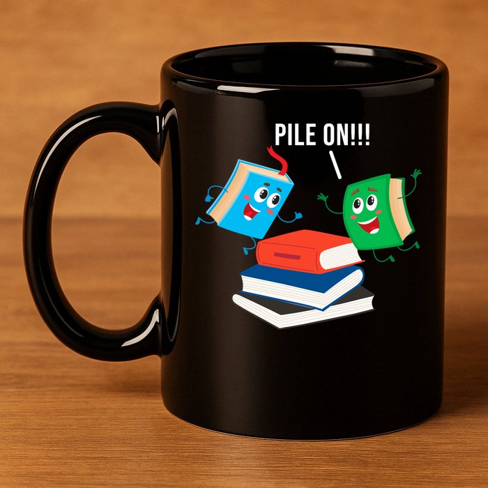 Pile On Books 11oz C Handle Ceramic Mug