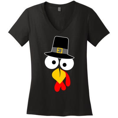 Pilgrim Turkey Big Face Thanksgiving Women's V-Neck T-Shirt