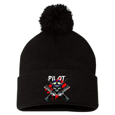 Pilot Skull Pom Pom 12in Knit Beanie