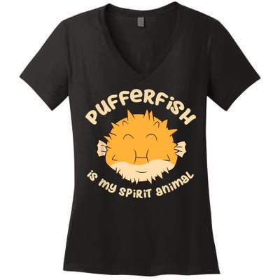 Pufferfish Is My Spirit Animal Funny Puffer Fish Women's V-Neck T-Shirt