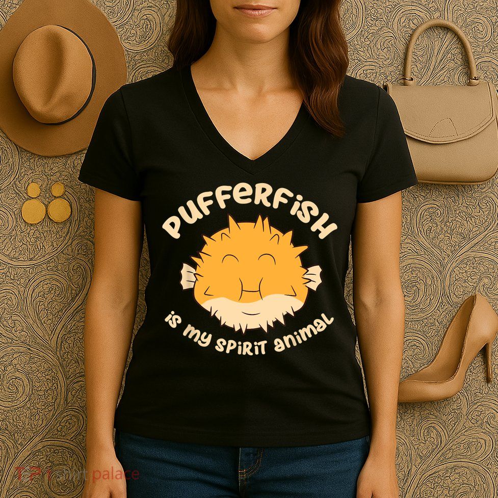 Pufferfish Is My Spirit Animal Funny Puffer Fish Women's V-Neck T-Shirt