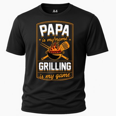 Papa Is My Name Grilling Is My Game Funny Grill Dad Cooling Performance Crew T-Shirt