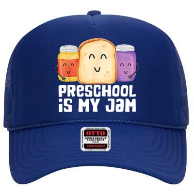 Preschool Is My Jam Back To School Funny High Crown Mesh Back Trucker Hat