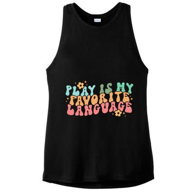 Play Is My Favorite Language Slp Medical Flowers Retro Wavy Ladies PosiCharge Tri-Blend Wicking Tank