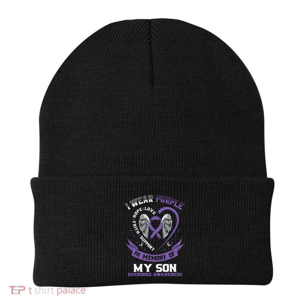 Purple In Memory Of My Son Drug Overdose Awareness Ribbon Knit Cap Winter Beanie