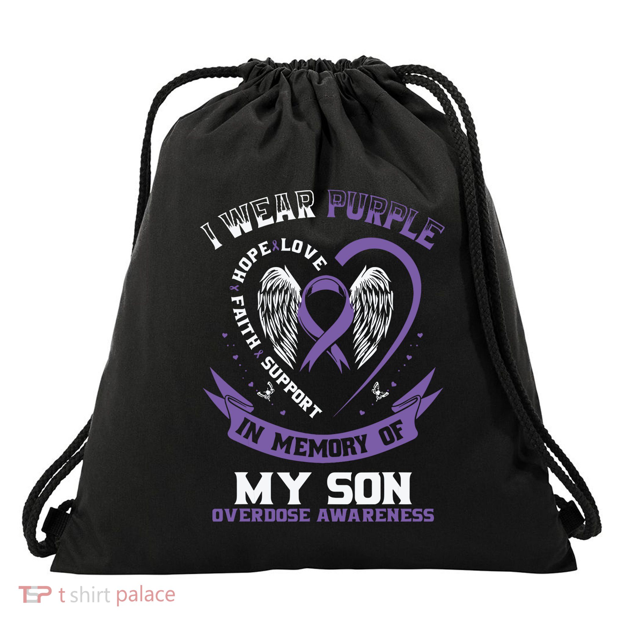 Purple In Memory Of My Son Drug Overdose Awareness Ribbon Drawstring Bag
