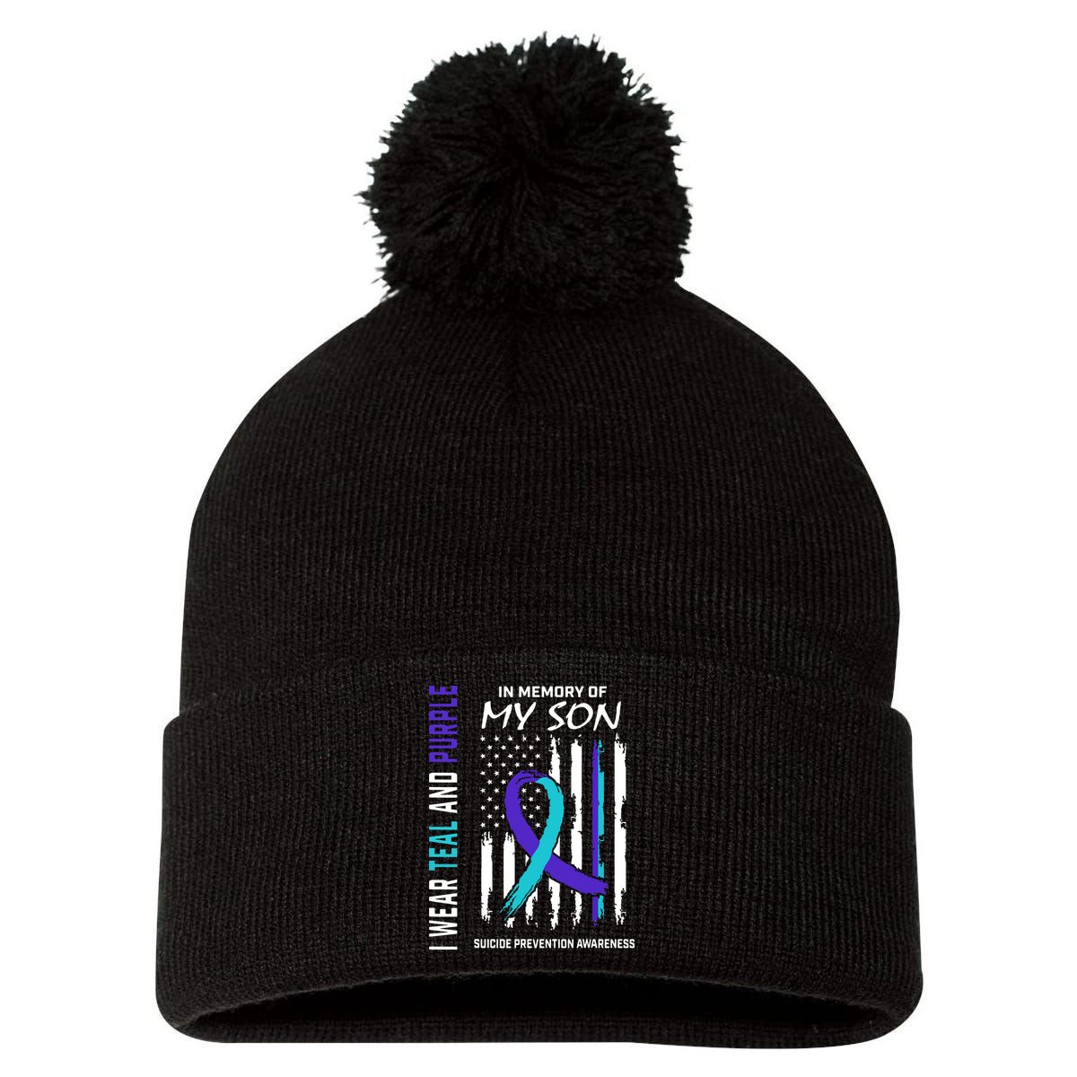 Parents In Memory Of Son Suicide Awareness Prevention Flag Pom Pom 12in Knit Beanie