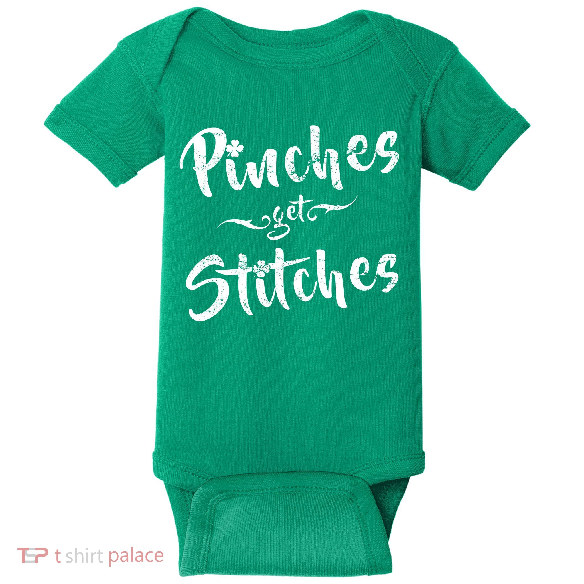 Pinches Get Stitches Funny St. Patrick's Day Baby Bodysuit