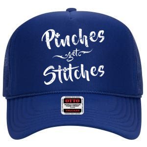 Pinches Get Stitches Funny St. Patrick's Day High Crown Mesh Back Trucker Hat