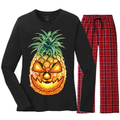 Pineapple Jack O Lantern Face Women's Long Sleeve Flannel Pajama Set 