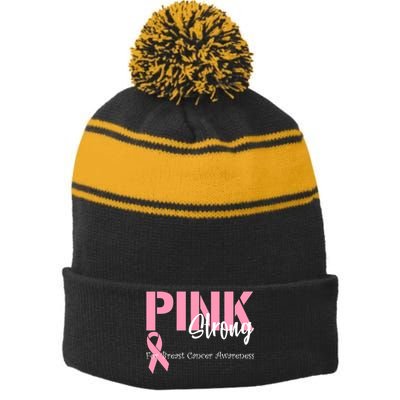 Pink And Strong Breast Cancer Awareness Stripe Pom Pom Beanie