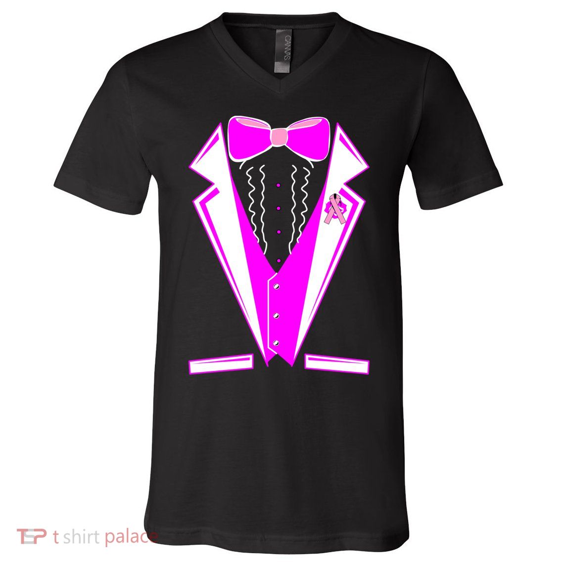 Pink Breast Cancer Tuxedo V-Neck T-Shirt