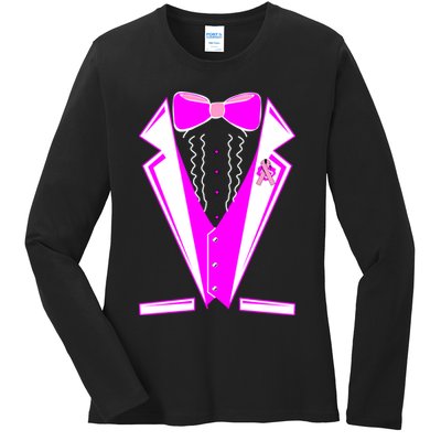 Pink Breast Cancer Tuxedo Ladies Long Sleeve Shirt