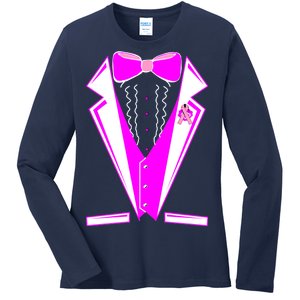 Pink Breast Cancer Tuxedo Ladies Long Sleeve Shirt