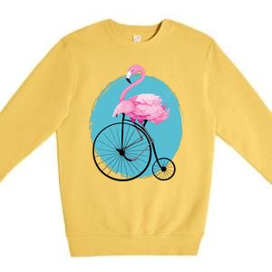 Pink Flamingo On Tall Bicycle Retro Premium Crewneck Sweatshirt