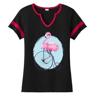 Pink Flamingo On Tall Bicycle Retro Ladies Halftime Notch Neck Tee