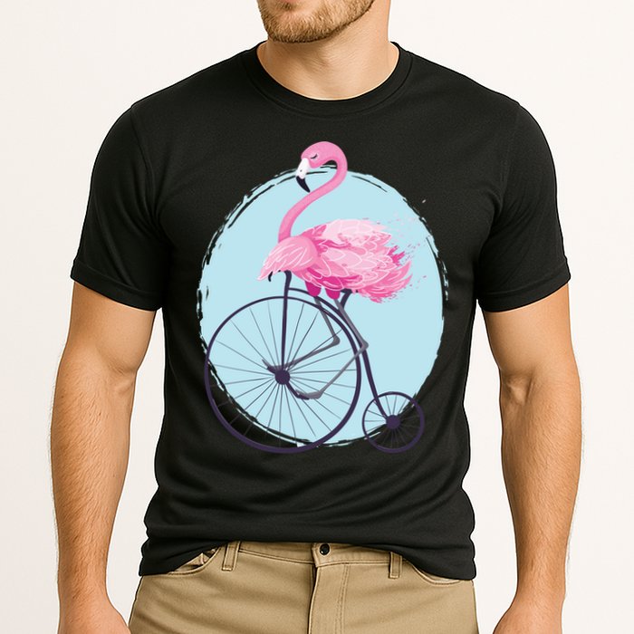 Pink Flamingo On Tall Bicycle Retro Performance Shirt
