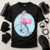 Pink Flamingo On Tall Bicycle Retro Performance Shirt
