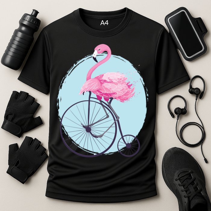 Pink Flamingo On Tall Bicycle Retro Performance Shirt