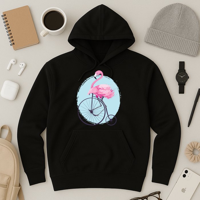 Pink Flamingo On Tall Bicycle Retro Hoodie
