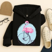 Pink Flamingo On Tall Bicycle Retro Hoodie