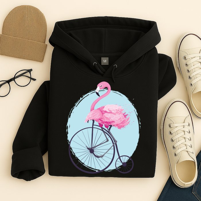 Pink Flamingo On Tall Bicycle Retro Hoodie