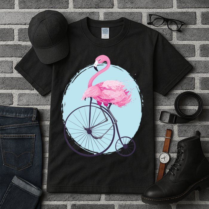 Pink Flamingo On Tall Bicycle Retro Tall T-Shirt