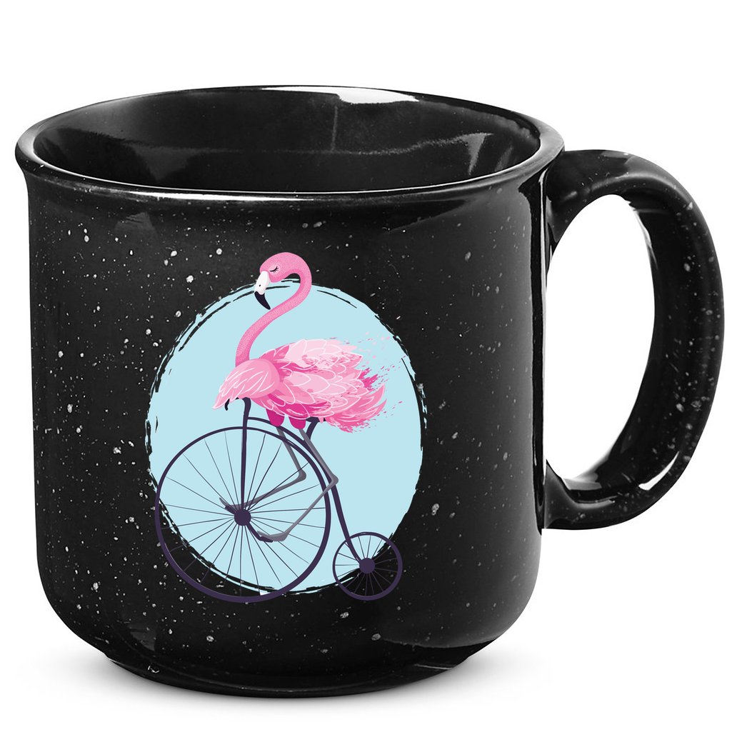 Pink Flamingo On Tall Bicycle Retro 15oz Campfire Ceramic Mug