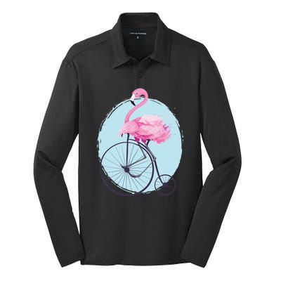 Pink Flamingo On Tall Bicycle Retro Silk Touch Performance Long Sleeve Polo