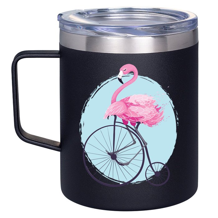Pink Flamingo On Tall Bicycle Retro 12oz Stainless Steel Coffee Mug