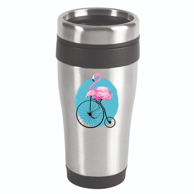 Pink Flamingo On Tall Bicycle Retro 16oz Travel Tumbler