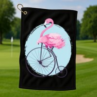 Pink Flamingo On Tall Bicycle Retro Golf Towel