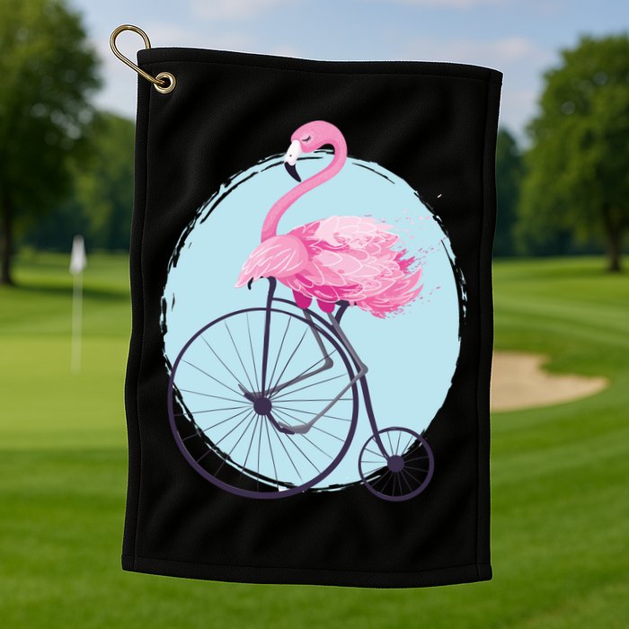 Pink Flamingo On Tall Bicycle Retro Golf Towel