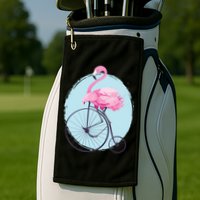 Pink Flamingo On Tall Bicycle Retro Golf Towel