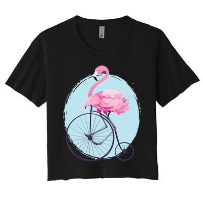 Pink Flamingo On Tall Bicycle Retro Crop Top