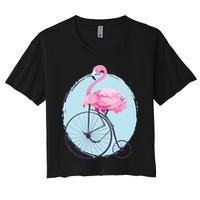 Pink Flamingo On Tall Bicycle Retro Women's Crop Top Tee
