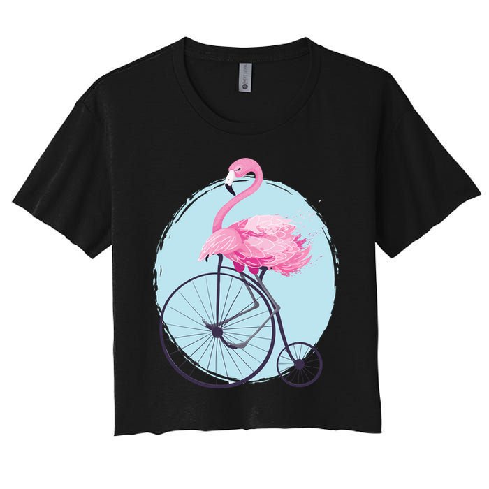 Pink Flamingo On Tall Bicycle Retro Women's Crop Top Tee