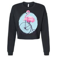 Pink Flamingo On Tall Bicycle Retro Cropped Pullover Crew