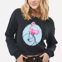 Pink Flamingo On Tall Bicycle Retro Cropped Pullover Crew