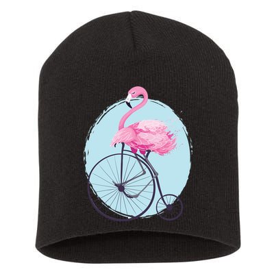 Pink Flamingo On Tall Bicycle Retro Short Acrylic Beanie