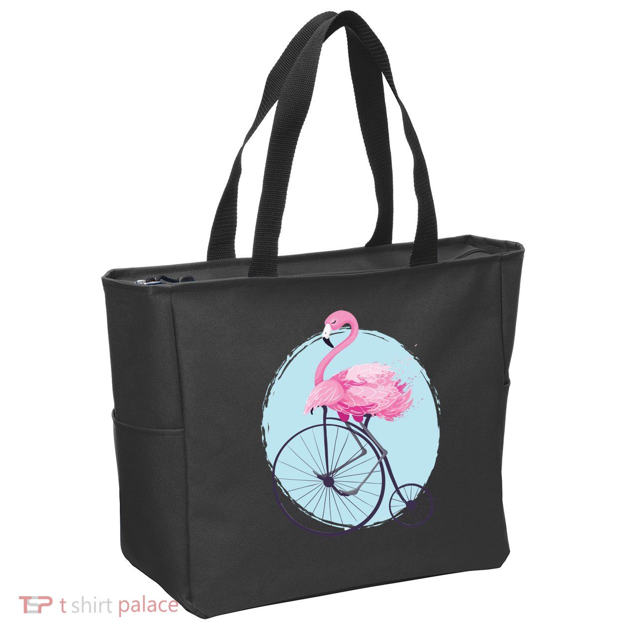 Pink Flamingo On Tall Bicycle Retro Zip Tote Bag