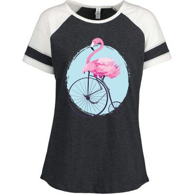 Pink Flamingo On Tall Bicycle Retro Enza Ladies Jersey Colorblock Tee