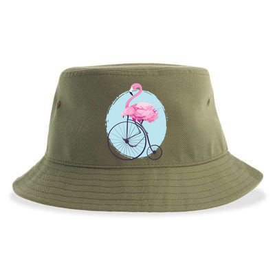 Pink Flamingo On Tall Bicycle Retro Sustainable Bucket Hat