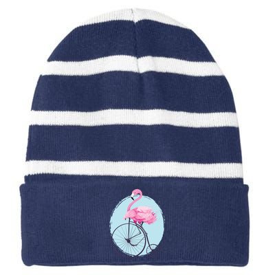 Pink Flamingo On Tall Bicycle Retro Striped Beanie with Solid Band