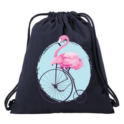 Pink Flamingo On Tall Bicycle Retro Drawstring Bag