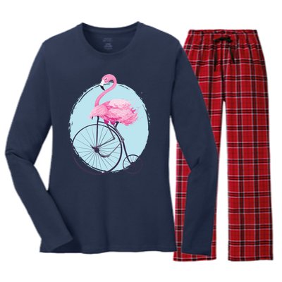 Pink Flamingo On Tall Bicycle Retro Women's Long Sleeve Flannel Pajama Set 