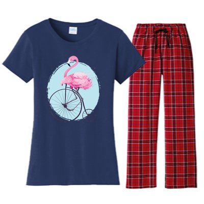 Pink Flamingo On Tall Bicycle Retro Women's Flannel Pajama Set