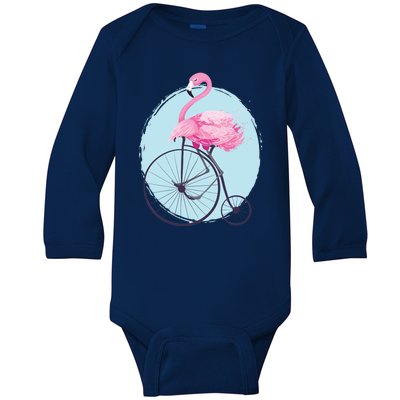 Pink Flamingo On Tall Bicycle Retro Baby Long Sleeve Bodysuit