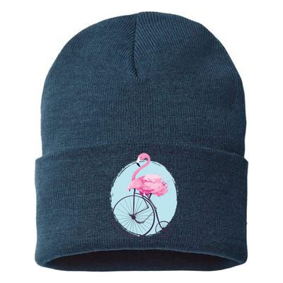 Pink Flamingo On Tall Bicycle Retro Sustainable Knit Beanie